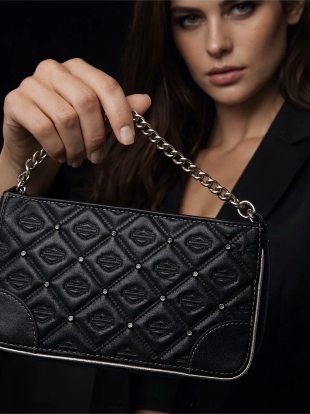 Harley Davidson Quilted Leather Shoulder Bag/ Clutch Decorative Chain & Crystals